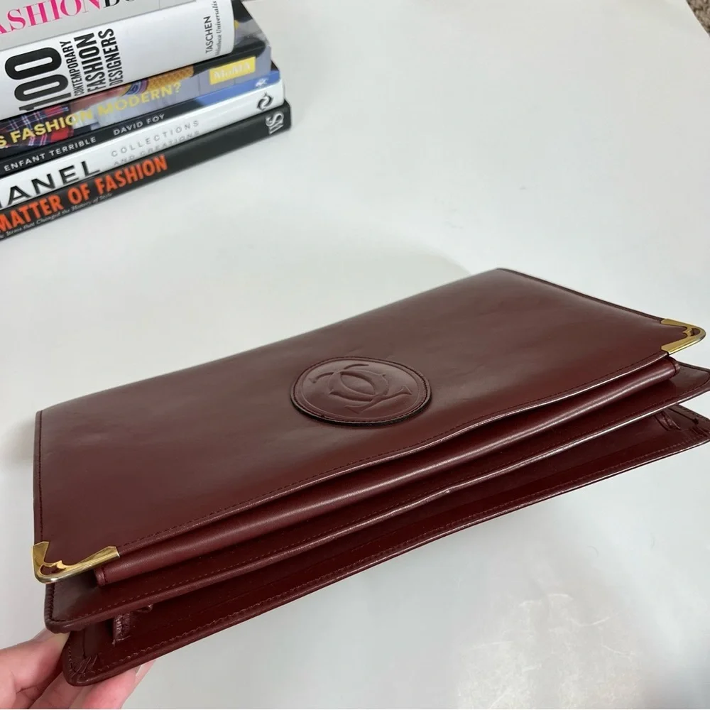 Cartier Clutch Bag Red Bordeaux Burgundy Leather Gold Hardware Large